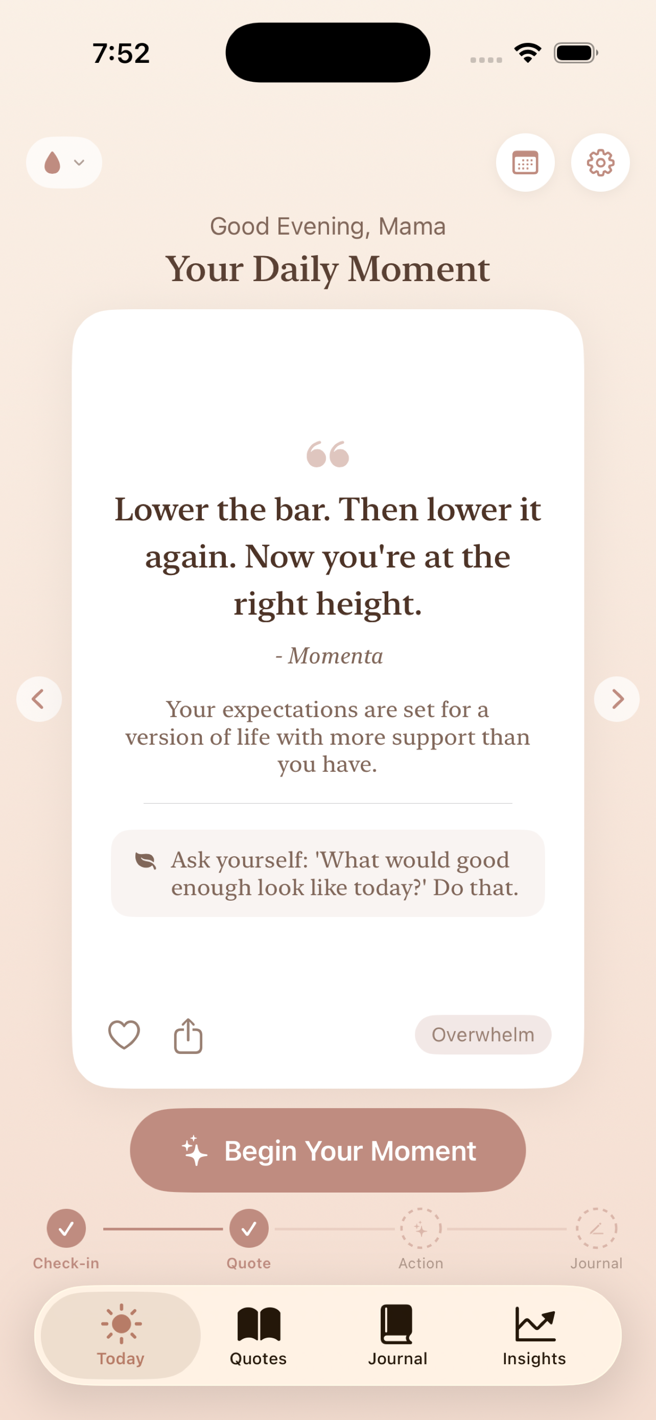Momenta daily quote card with mood-matched quote and suggested action