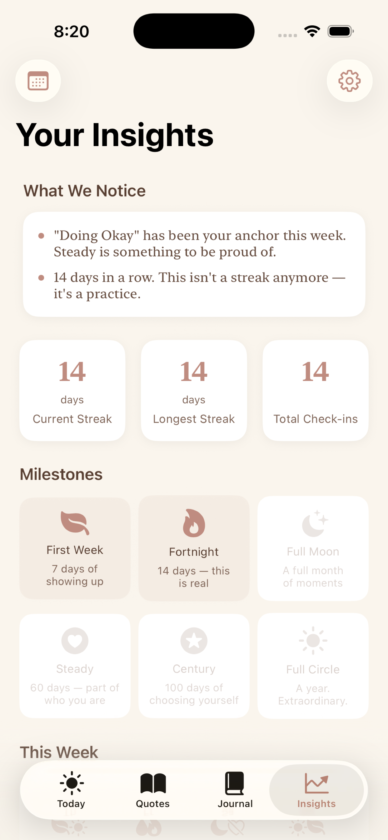 Momenta insights screen showing streaks, milestone badges, and weekly mood summary