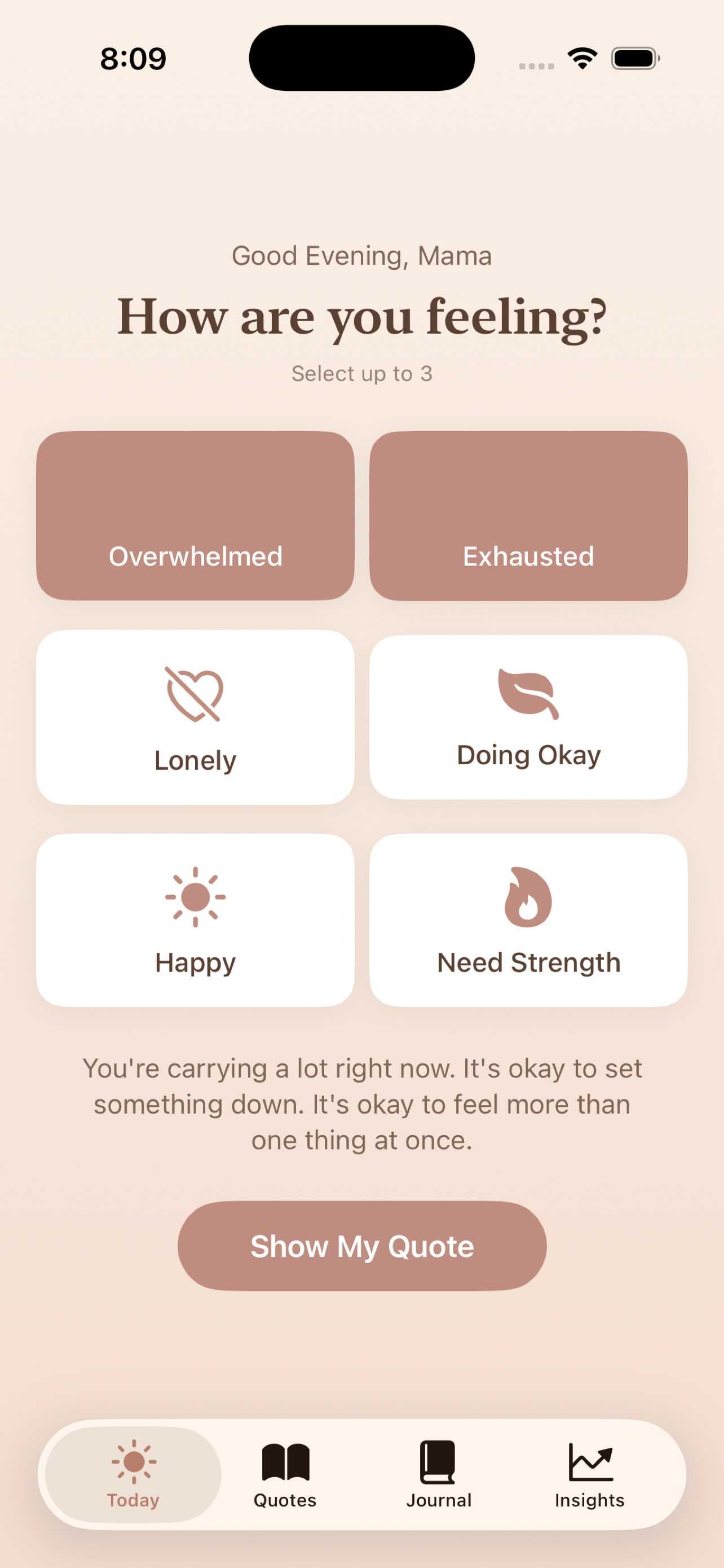 Momenta mood check-in screen showing six mood options
